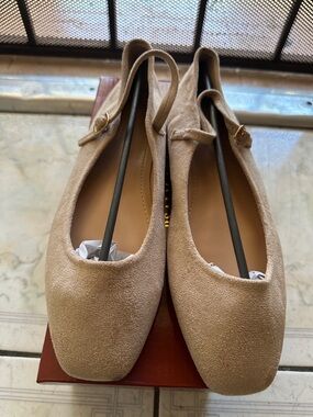 Women’s Beige Suede Square-Toe Mary Jane Flats